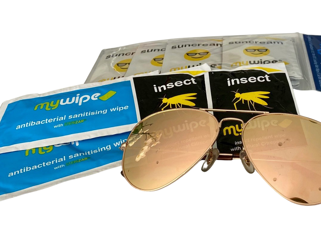 Suncream sachets and insect repellent wipes