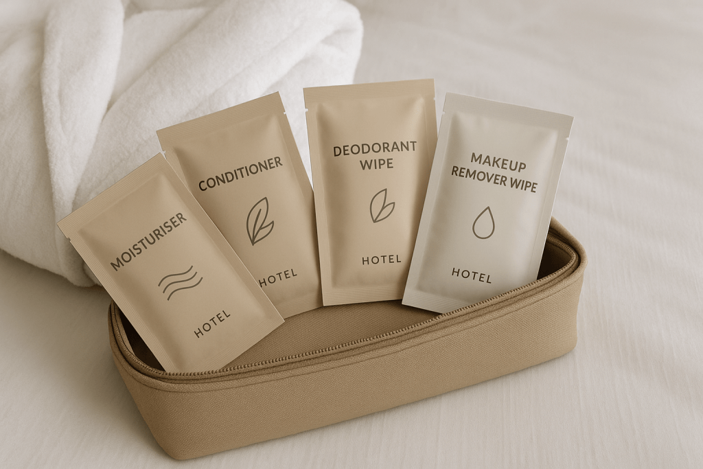 Individual sachets of moisturise, conditioner, deodorant and make up remover, in a beige vanity case at a hotel.