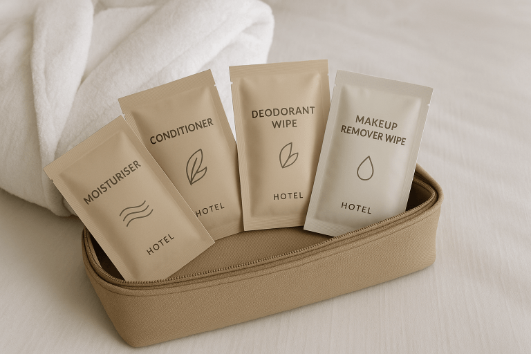 Individual sachets of moisturise, conditioner, deodorant and make up remover, in a beige vanity case at a hotel.