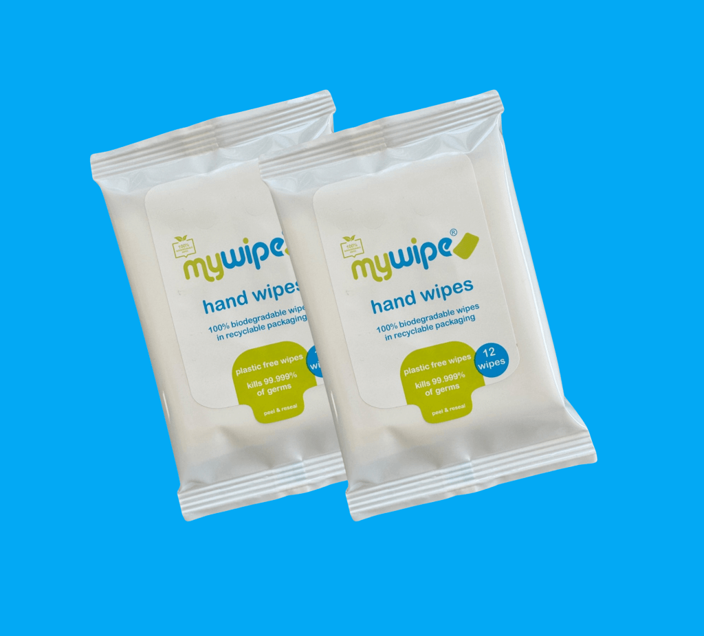 2 packets of mywipe antibacterial hand wipes.