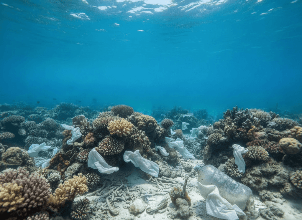 The ocean, with wet wipes on the coral.