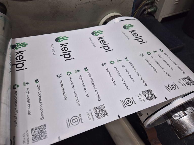 Sustainable Sachet trials - label on Guardpack Printer.