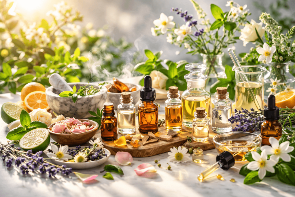 Fragrance wipes, surrounded by parfum and natural products to showcase what can go into wet wipes to make them smell nice.