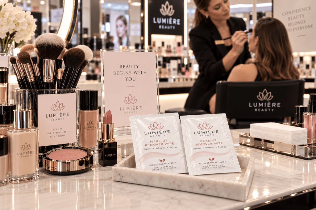 Make up wipes remover at a beauty counter.